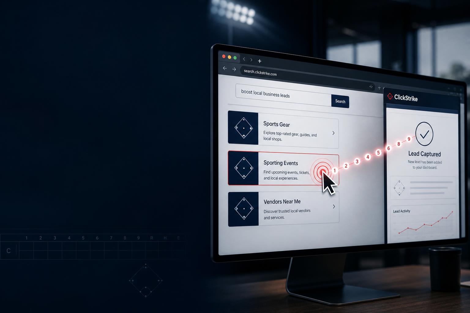 A ClickStrike search screen showing a click moving through nine checkpoints toward a new lead